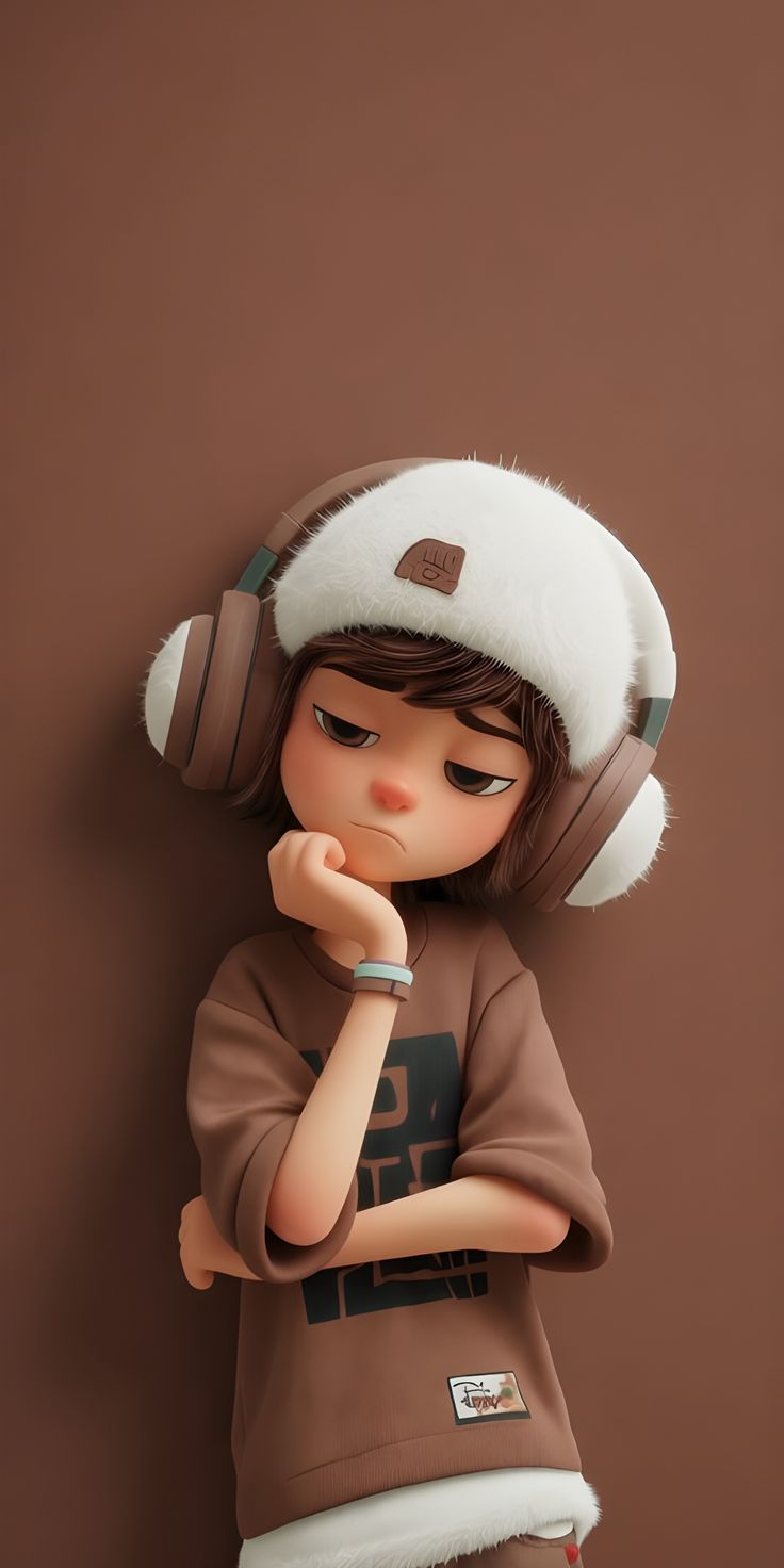 Cool Winter Vibes Aesthetic – Cozy Anime Boy in Brown Headphones iPhone & Android Wallpaper